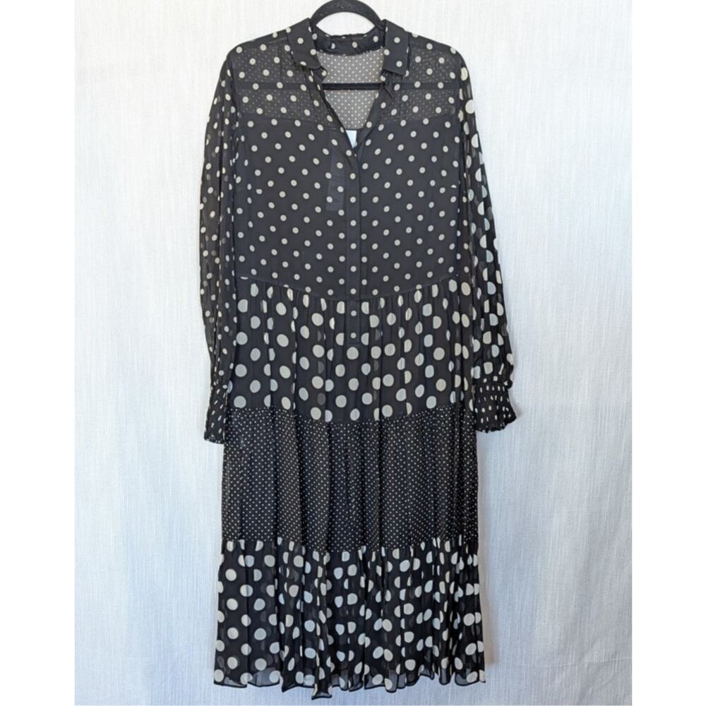 Akris Punto Polka Dot Tiered Midi Dress Womens 12 Black/Cream Long Sleeve - Picture 2 of 11
